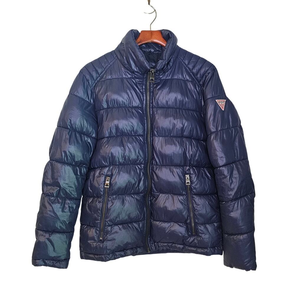 GUESS Blue Shiny Puffer Bomber Style Coat Size Small